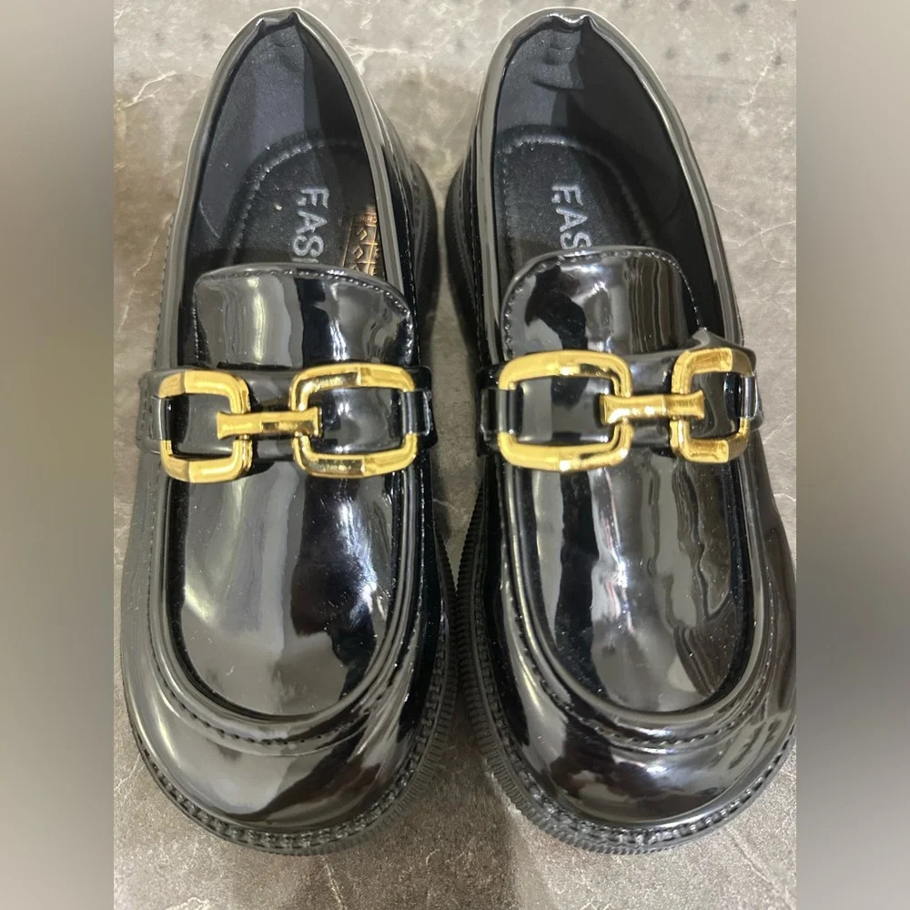 Kids Shoes -Elegant Black Loafers with‎ Gold Buckle